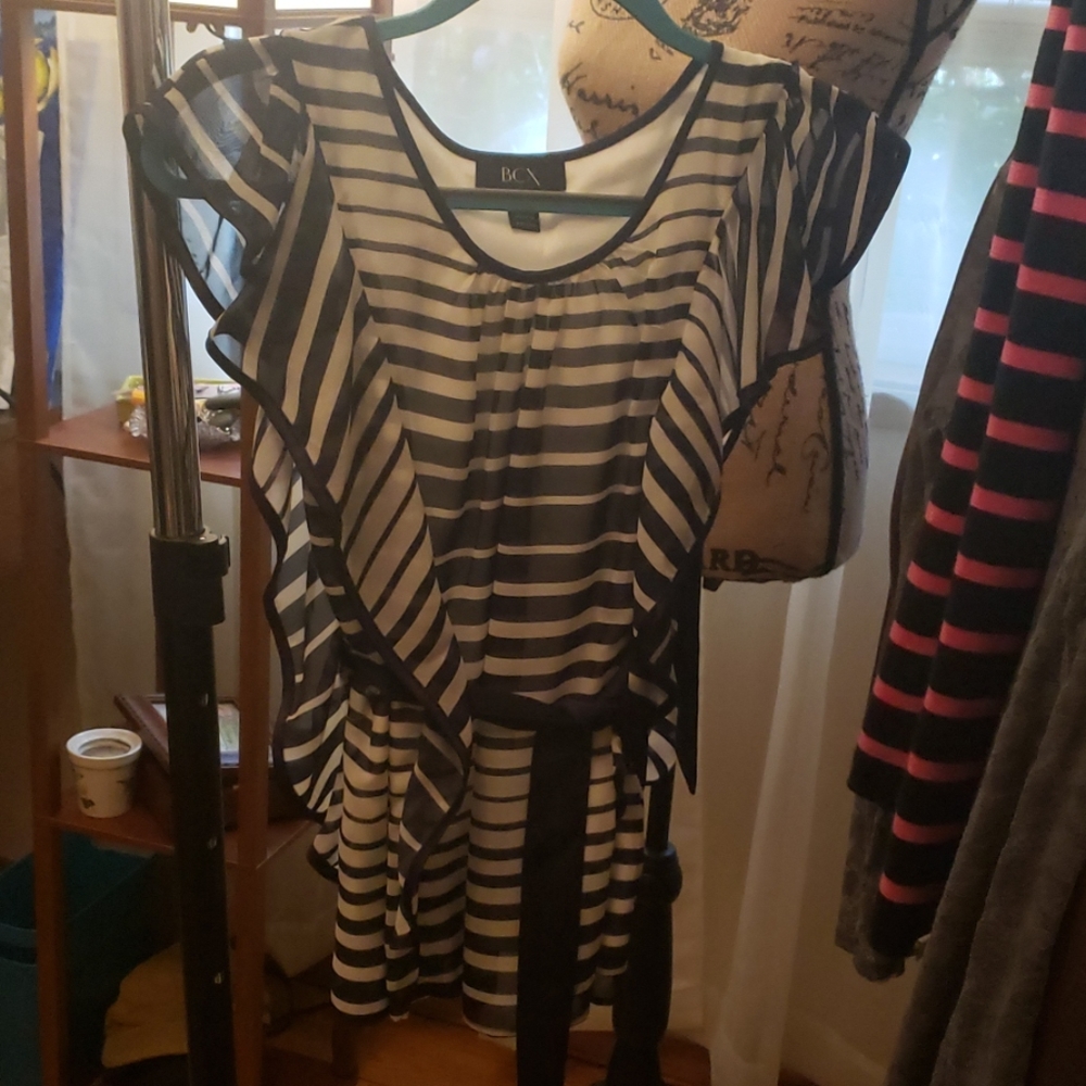 NWOT blue and white ruffle blouse